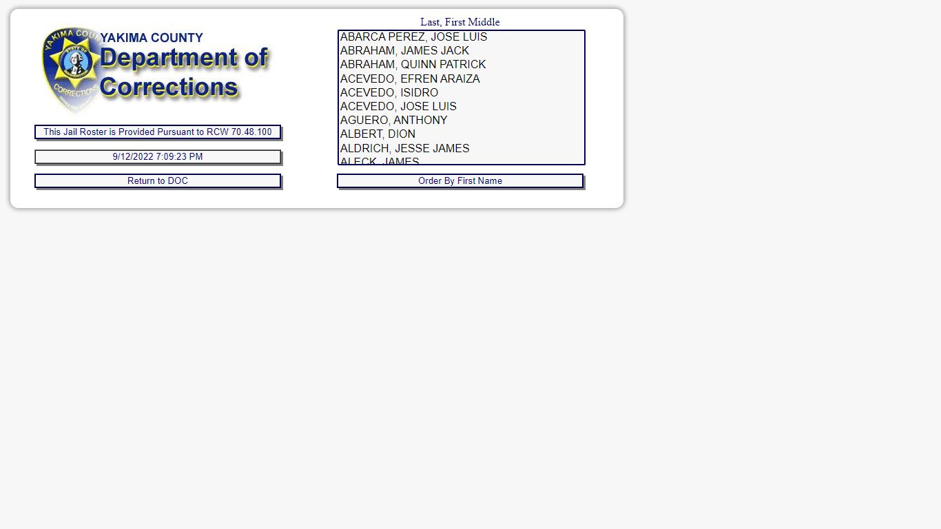 Yakima County DOC Inmate Incarceration Selection Screen